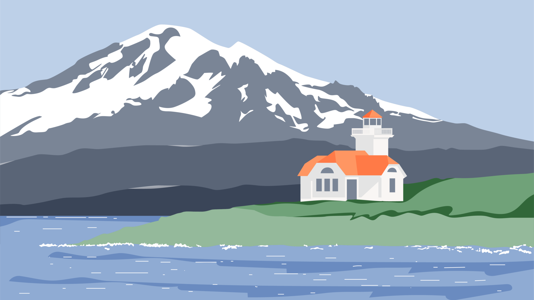 Illustration of a lighthouse in grass, waves, and a snowy mountain in the San Juan Islands