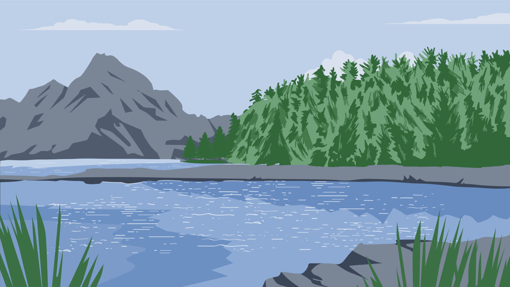 Illustration of rocky shore and mountain and pine tries in Haida Gwaii, Canada