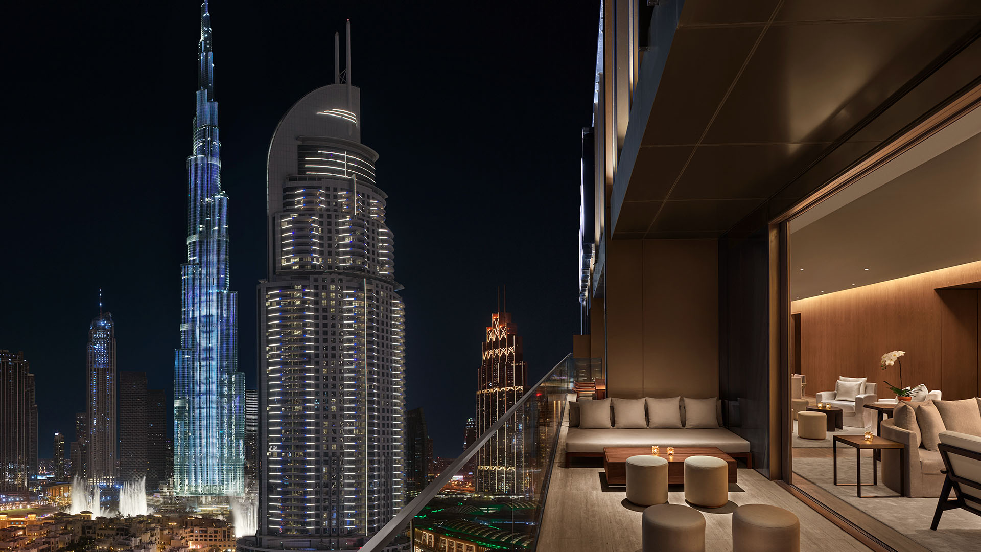 View of the Burj Khalifa and Dubai night skyline from Penthouse Panoramic Suite; The Dubai EDITION hotel
