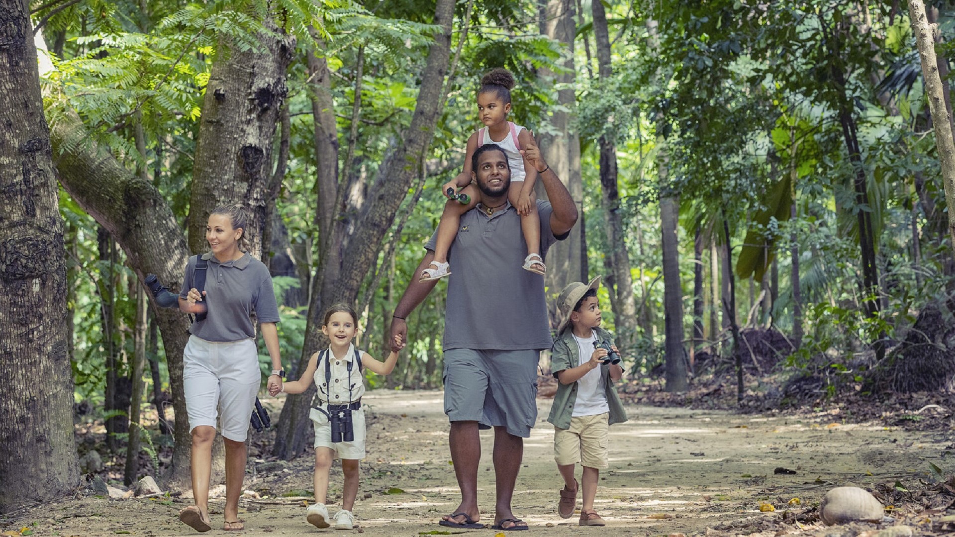 family hiking in the forest in Mauritius and Seychelles