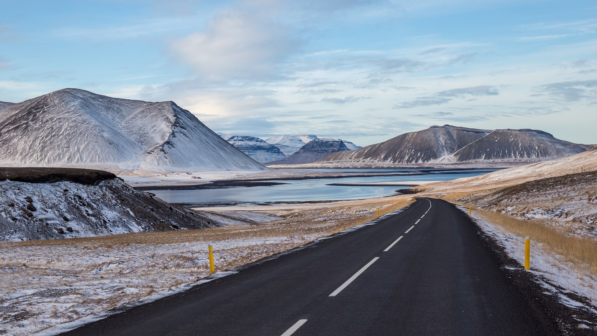 Iceland road through volcanic mountains in the snow
