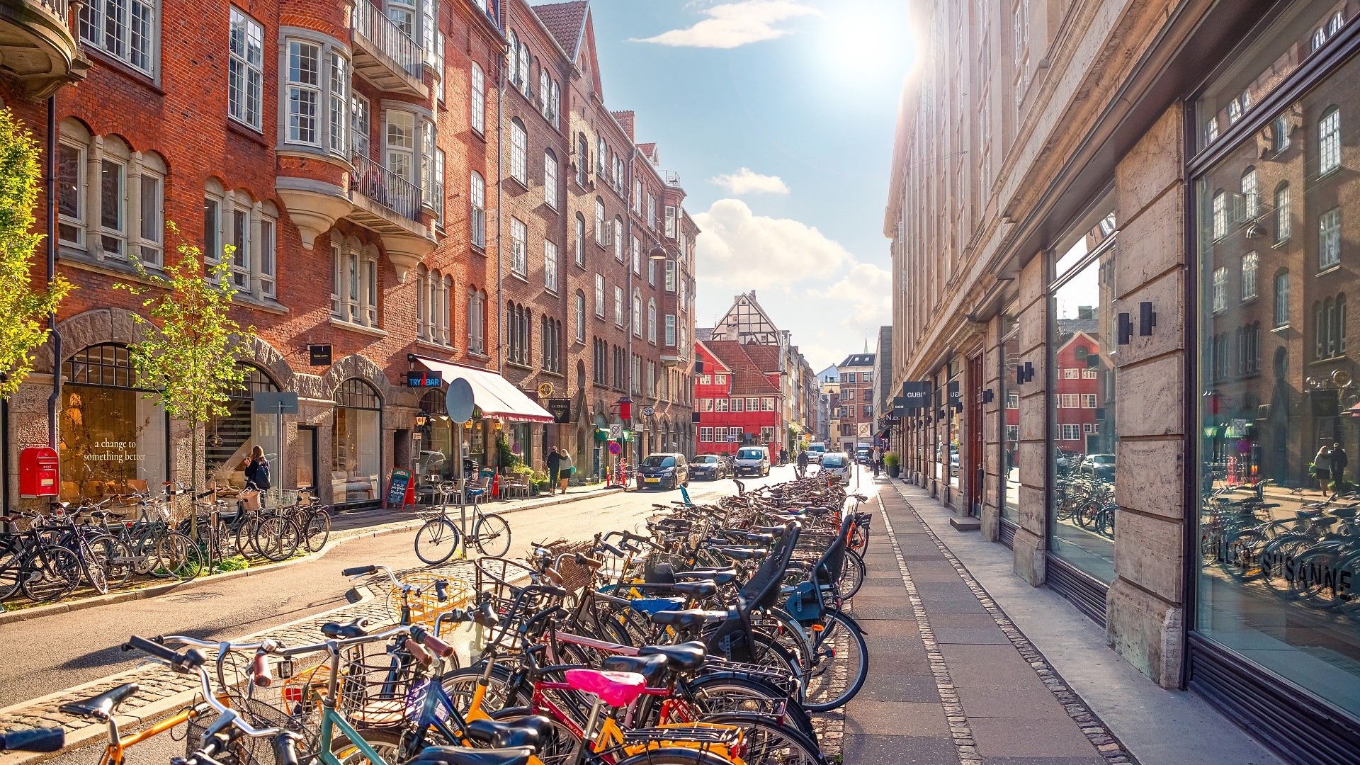 Copenhagen street with rows of bicycles