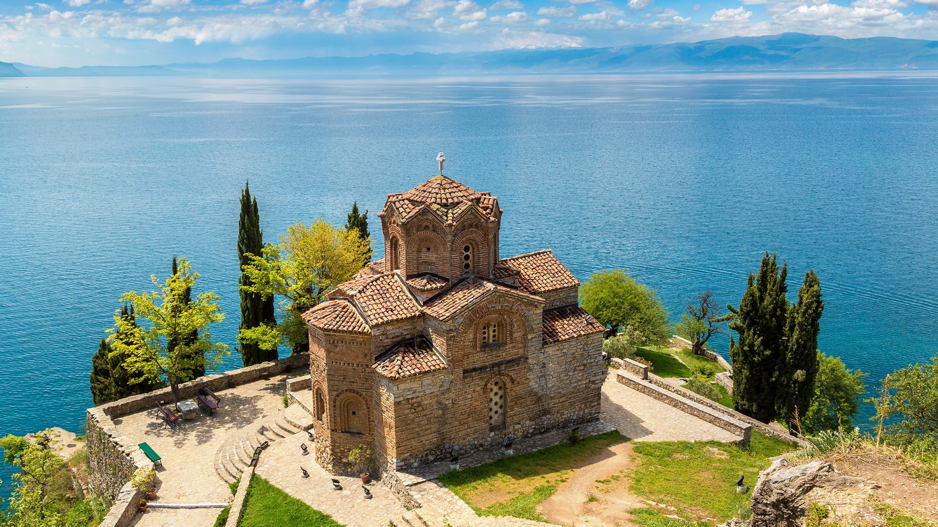 brick church overlooking Lake Ohrid in North Macedonia