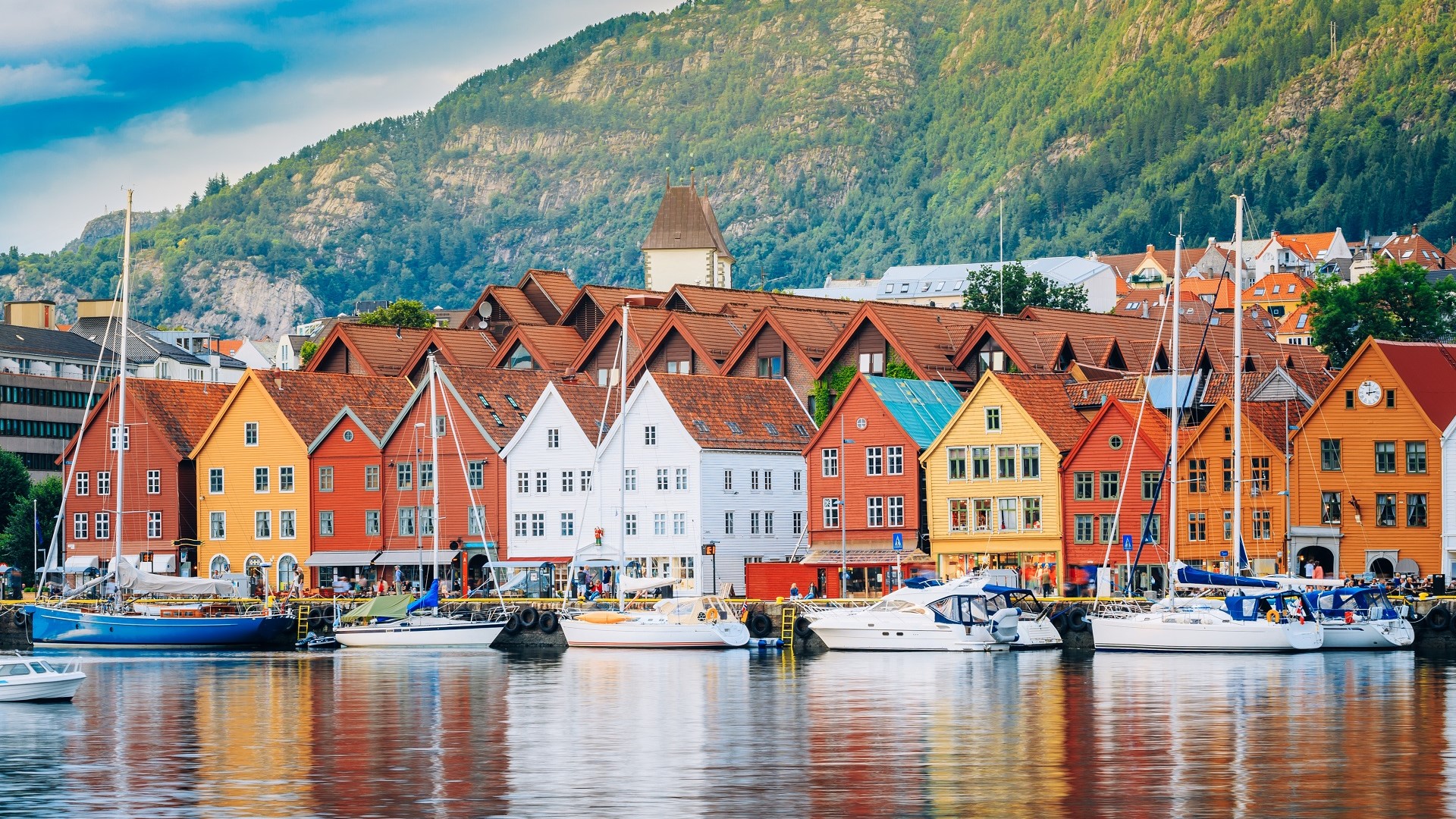 colorful waterfront and sailboats in Bergen, Norway