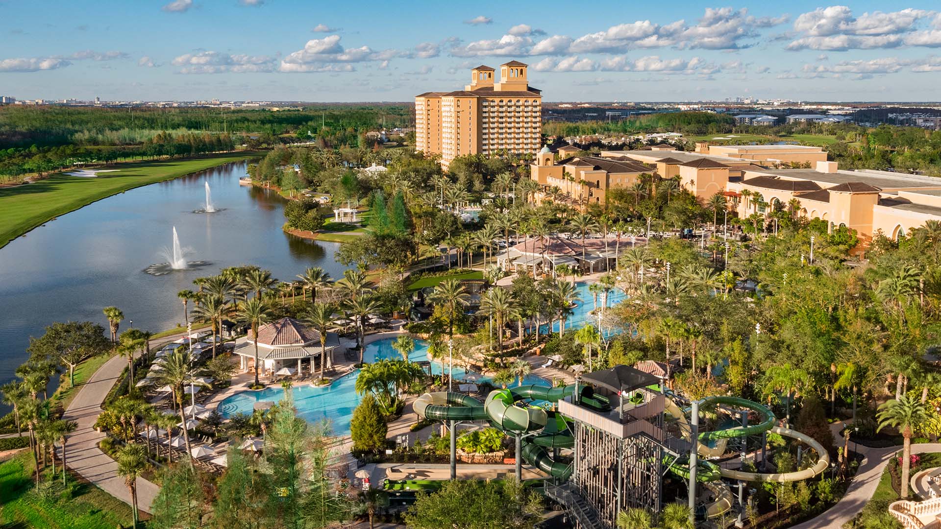Birds-eye view of JW Marriott Orlando, Grande Lakes featuring many pools, fountains and waterslides