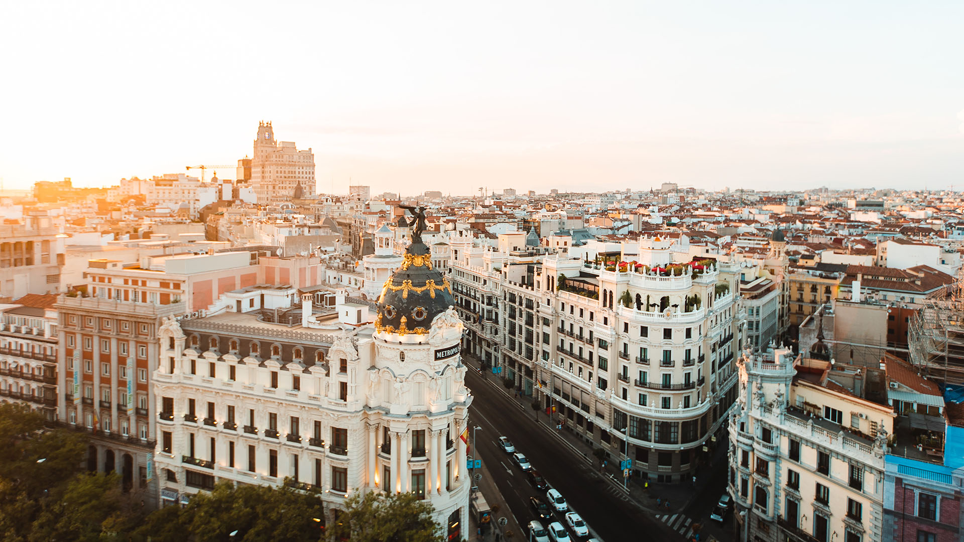 Madrid, Spain cityscape at sunset