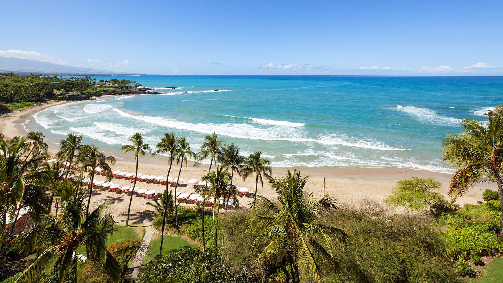 Palm trees, beach umbrellas and waves on the beach at the Mauna Kea Beach Hotel, Autograph Collection