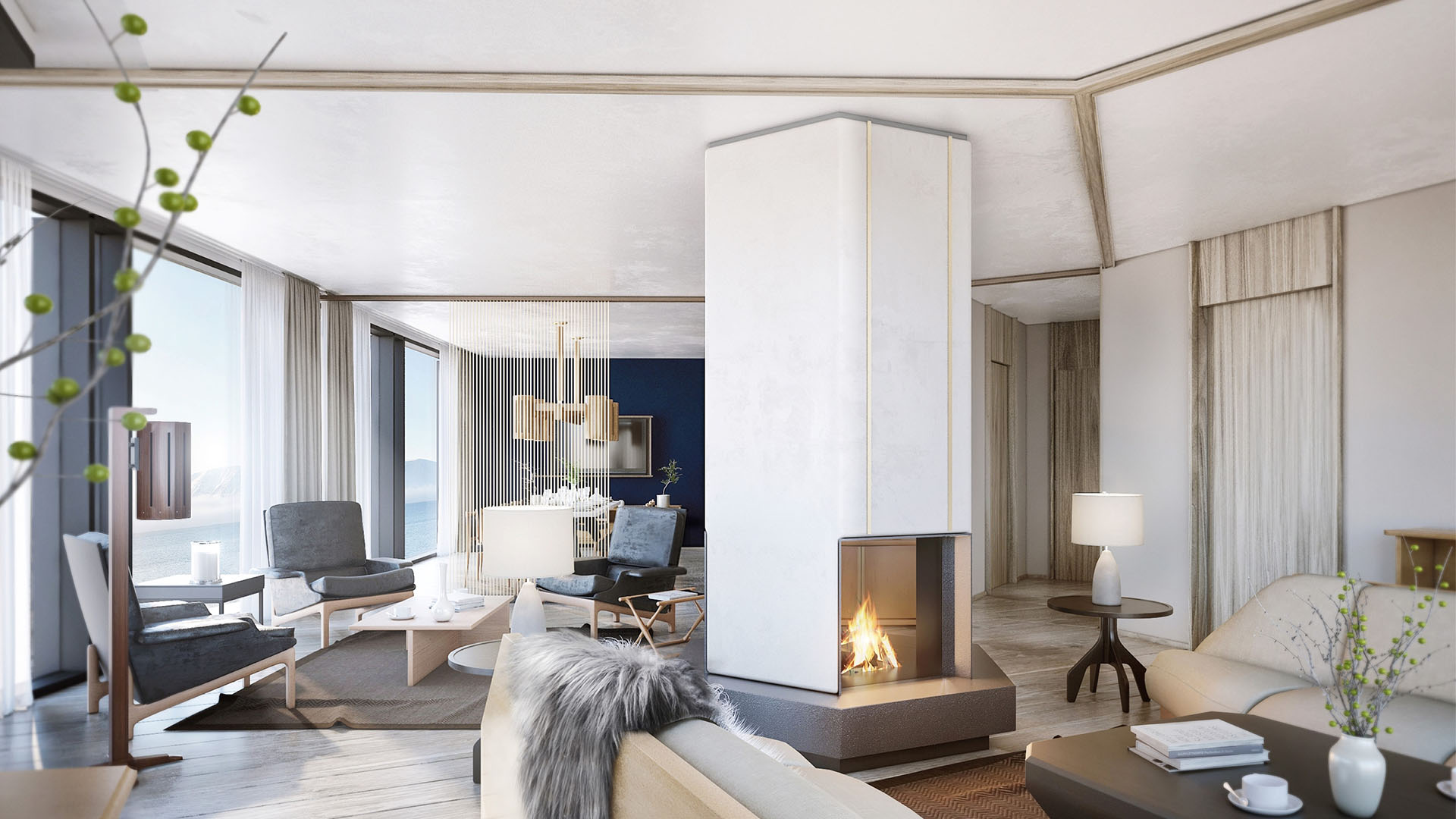 white and blue living room with water views and fireplace at the Reykjavik EDITION penthouse hotel suite