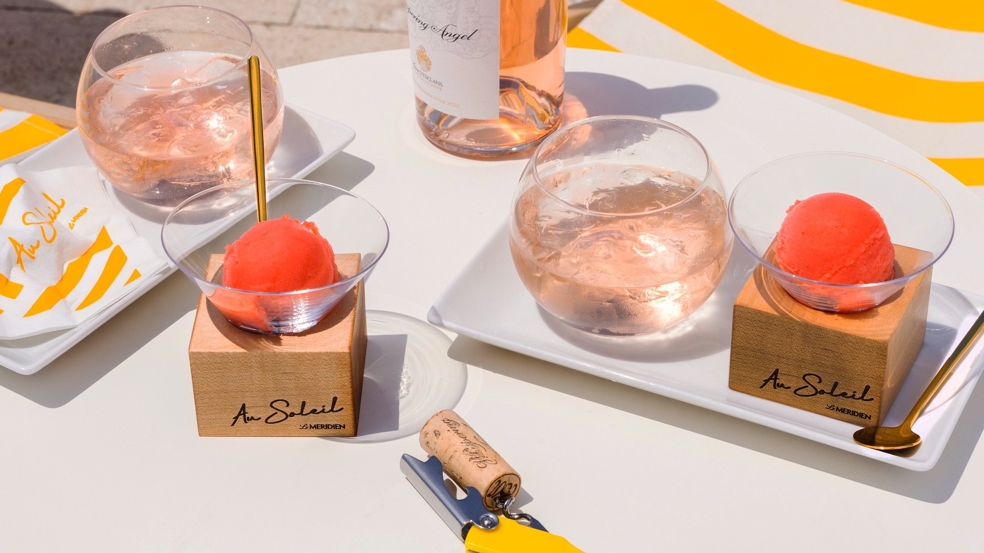 Scoops of rosé sorbet with glasses of rosé at Le Scoop by Le Méridien Maldives Resort & Spa