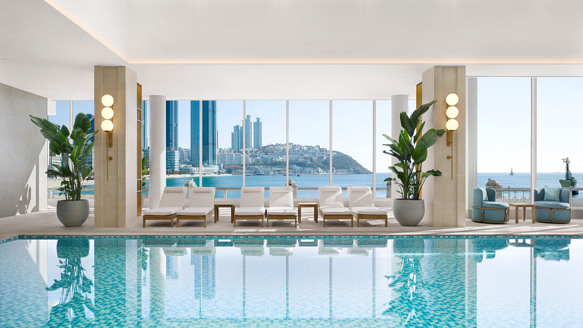 The Westin Josun Busan modern indoor pool overlooking the water