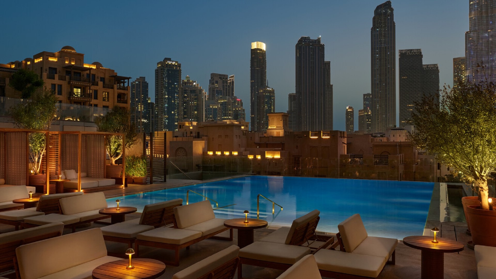 Thia Skylounge Dubai Rooftop bar infinity pool at night