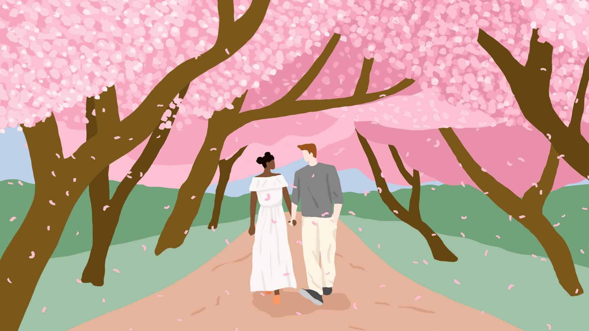Illustration of a bride and groom in casual clothing strolling under cherry blossom trees.