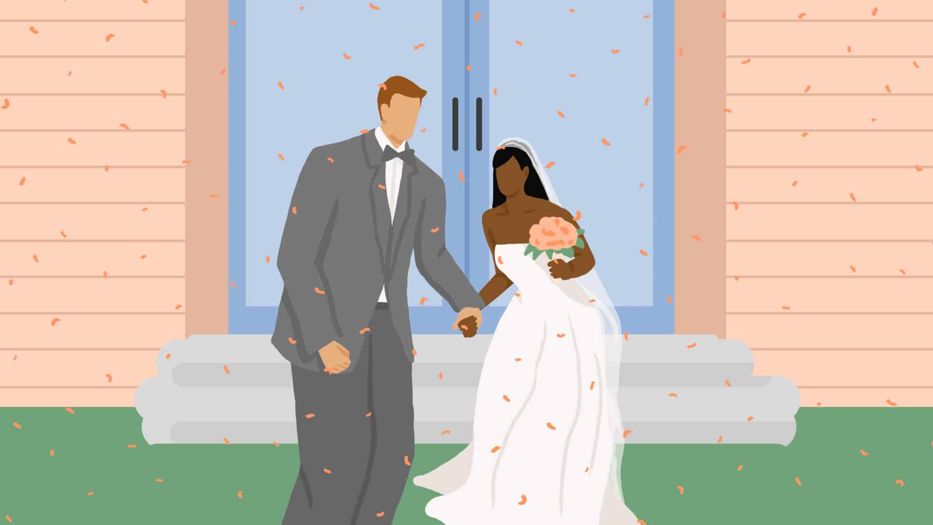 Illustration of a bride holding flowers and holding hands with groom on a front lawn.