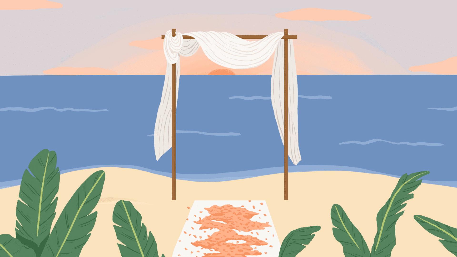 Illustration of a wedding canopy on the beach at sunset with palm leaves.