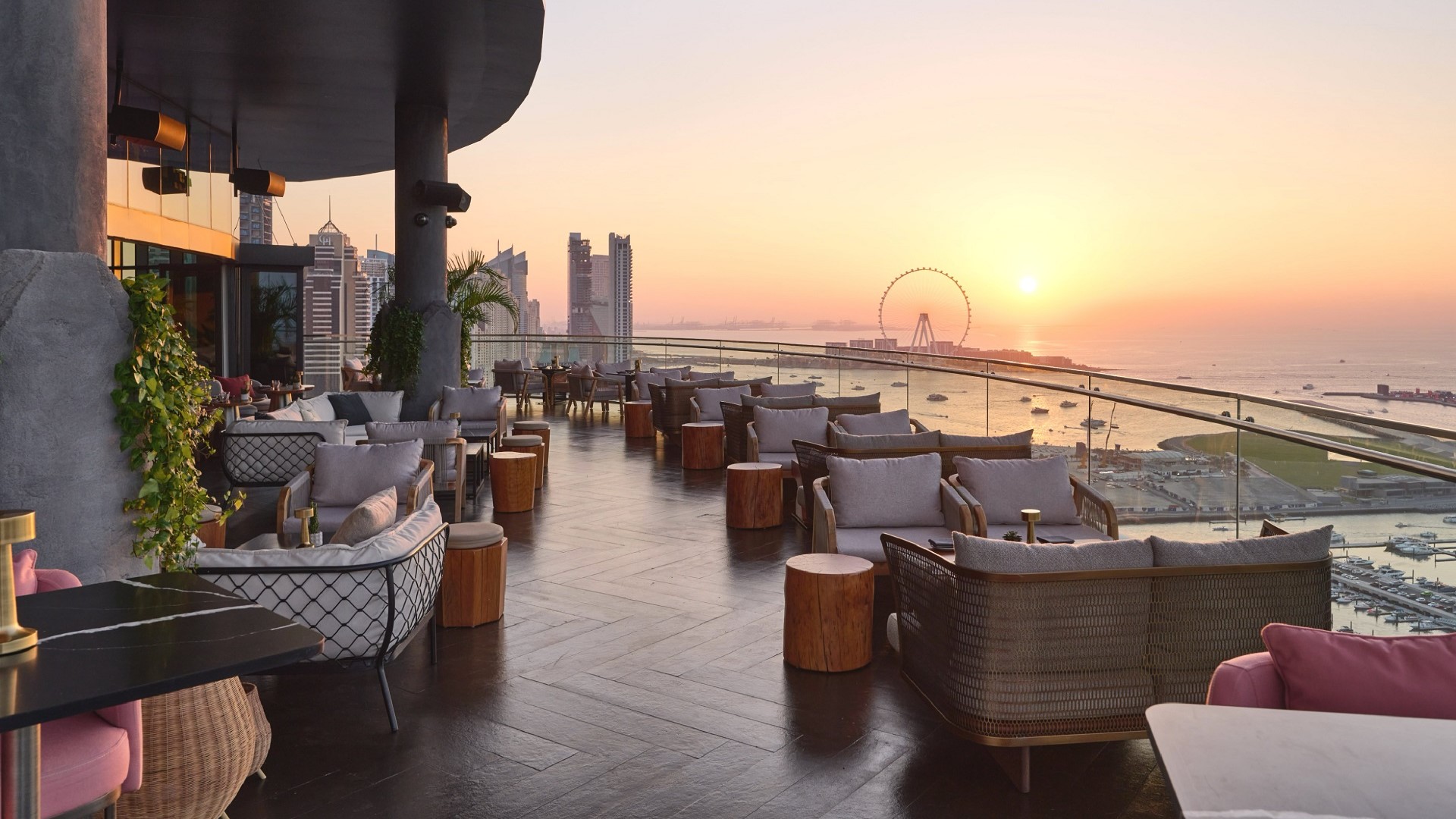 sunset view of Dubai Harbour from ATTIKO rooftop bar
