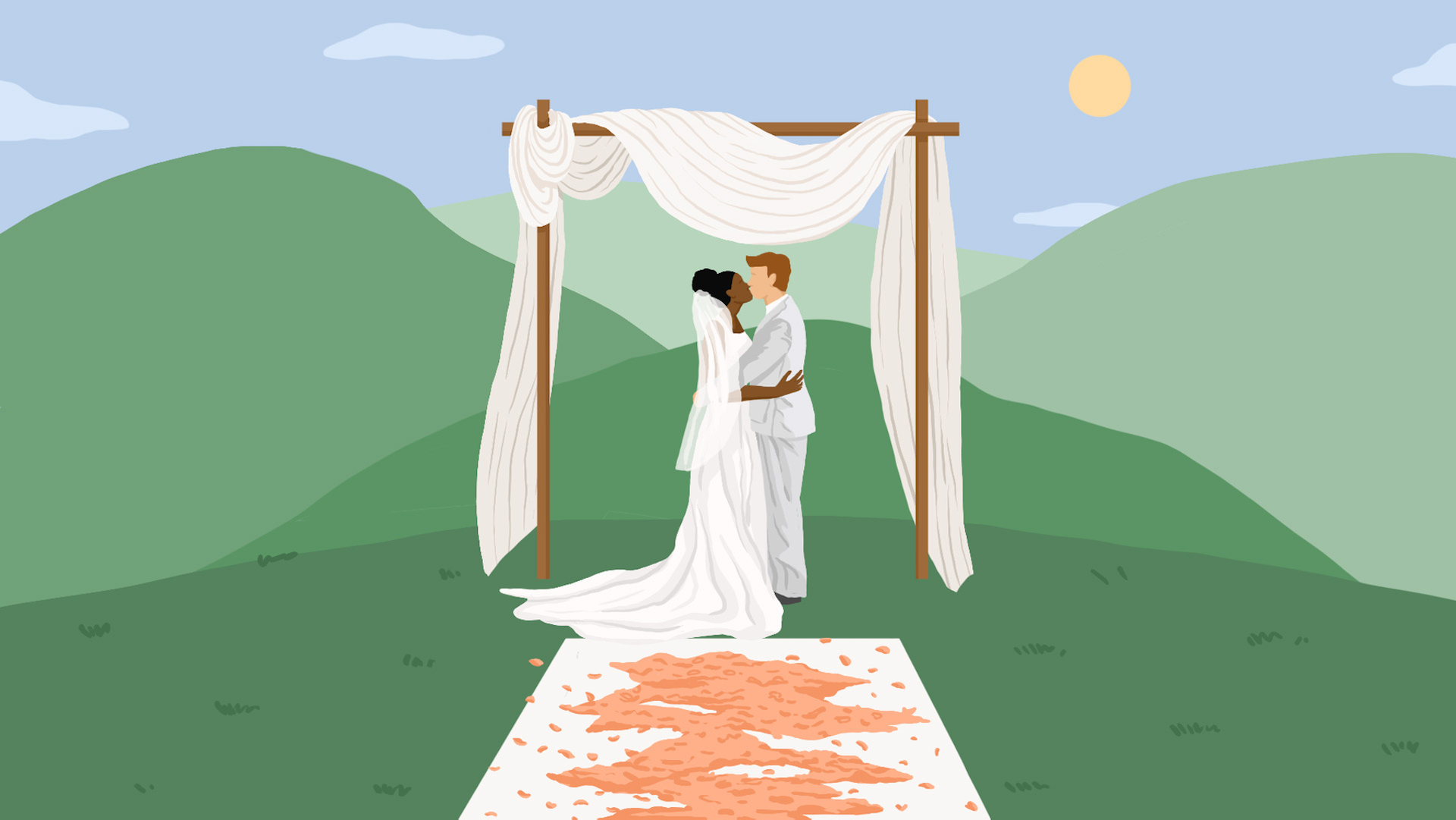 Illustration of bride and groom kissing under a wedding canopy in the mountains.