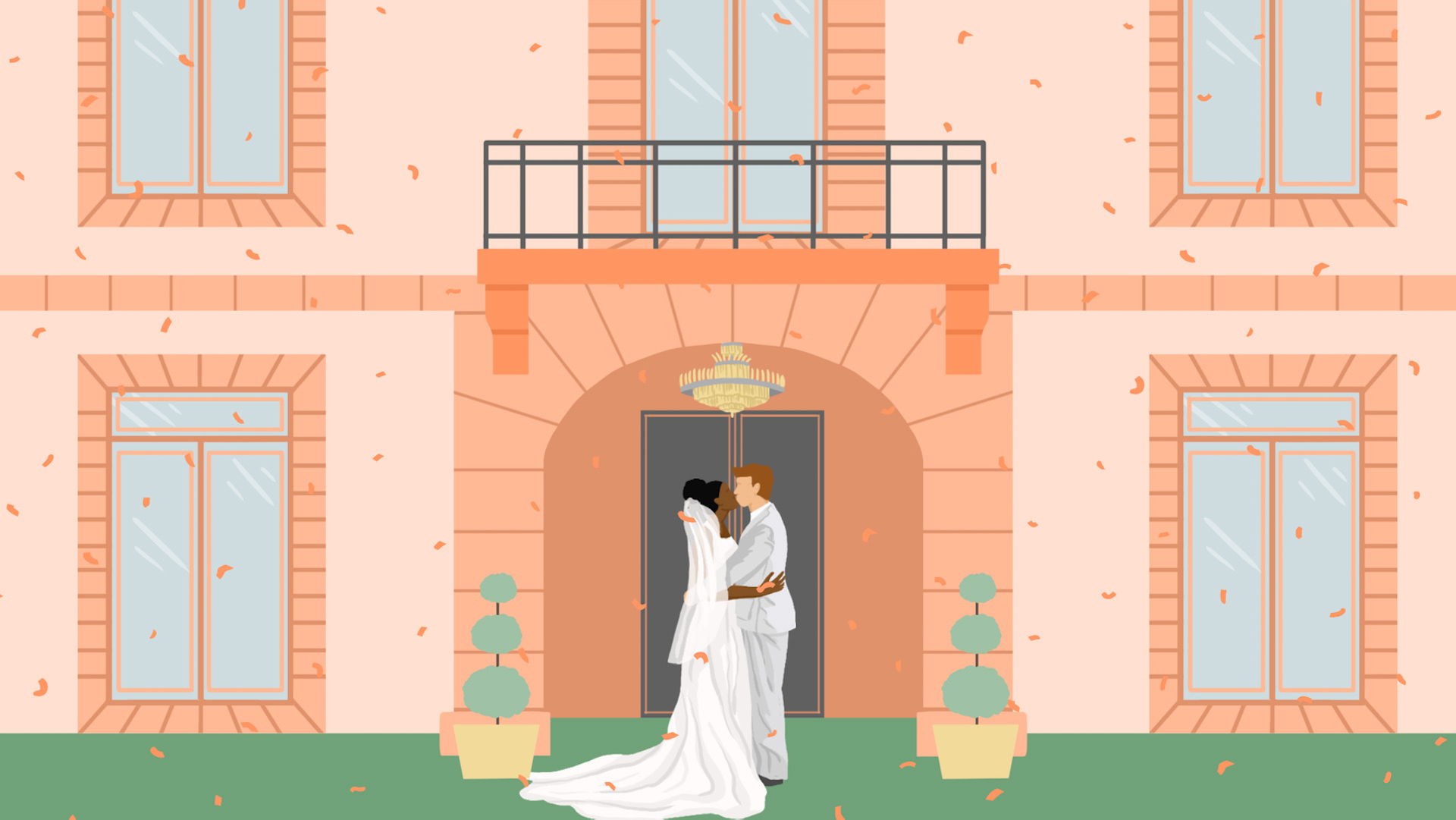 Illustration of bride and groom kissing outside of a brick wedding venue.