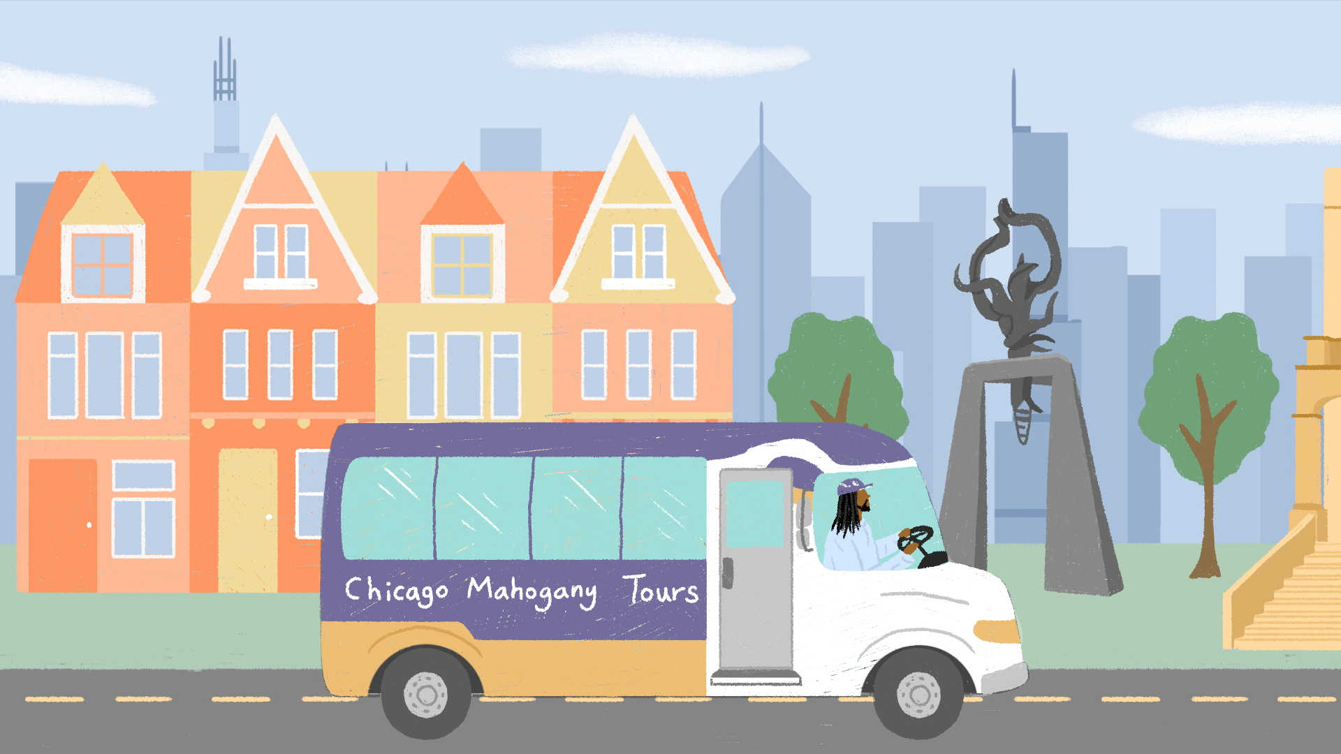 illustration of chicago mahogany tour bus