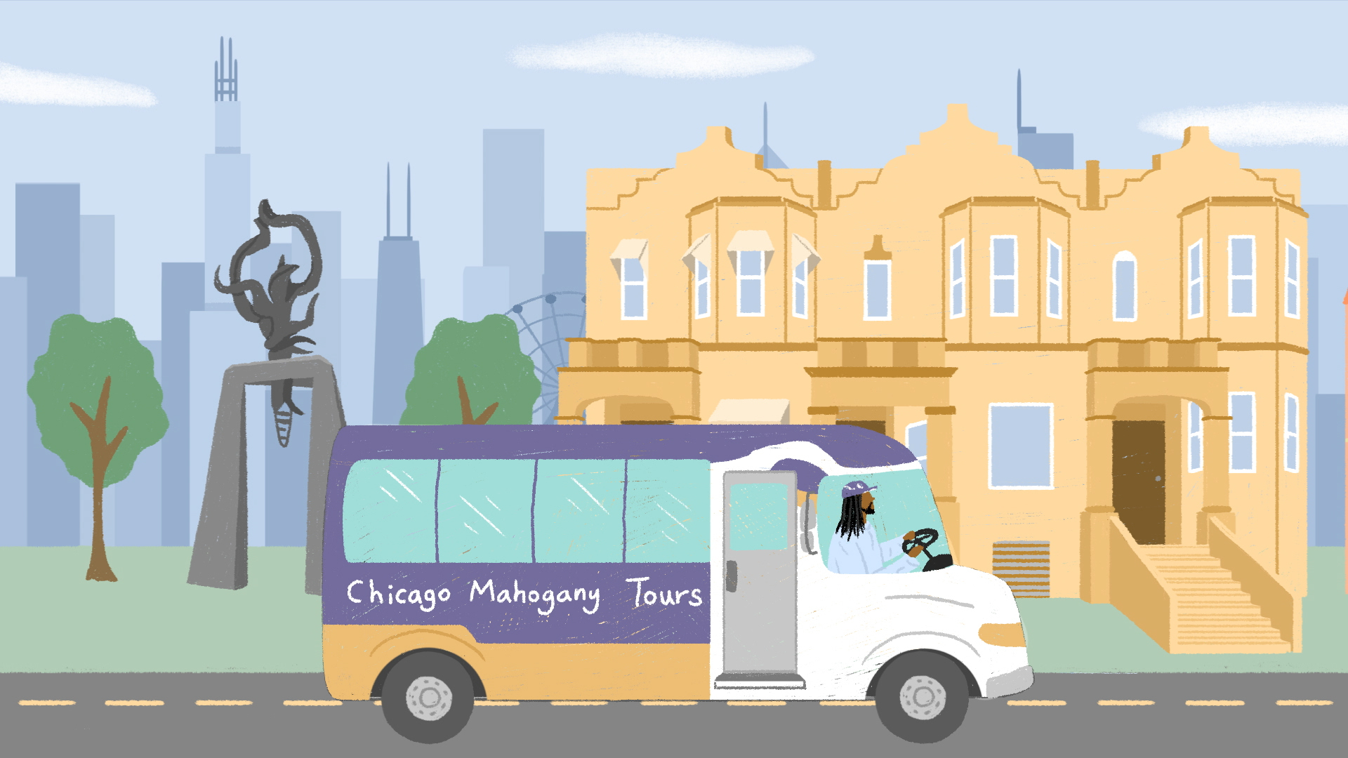 illustration of chicago mahogany tour bus