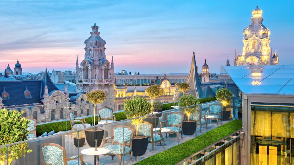 sunset from rooftop bar of Matild Palace, a Luxury Collection Hotel, Budapest