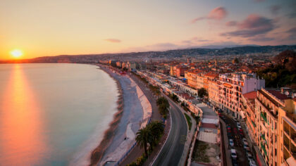Nice France town and beach aerial view