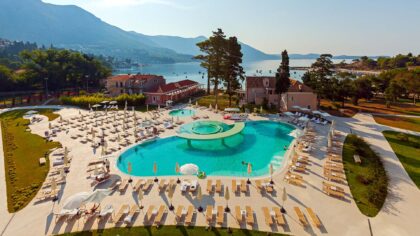 Sheraton Dubrovnik Riviera hotel Mediterranean style architecture and pool lounge on Mediterranean Sea