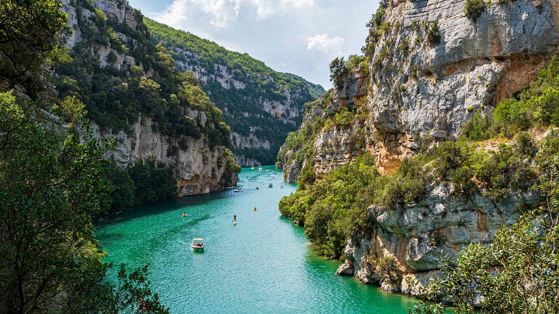 aerial view of boats in the gorges du verdon canyon, france.