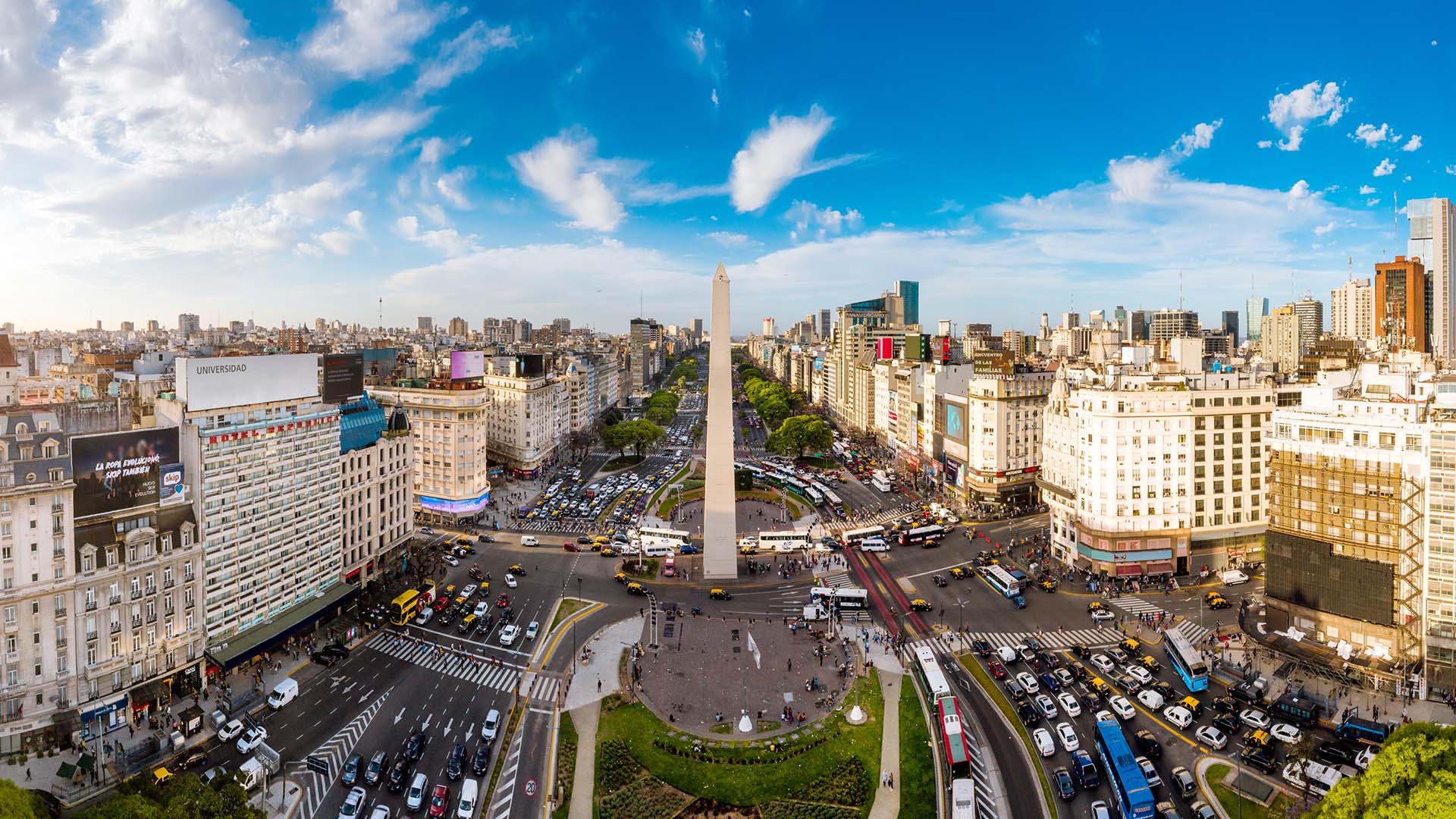 aerial shot of the Obelisk of Buenos Aires and surrounding area