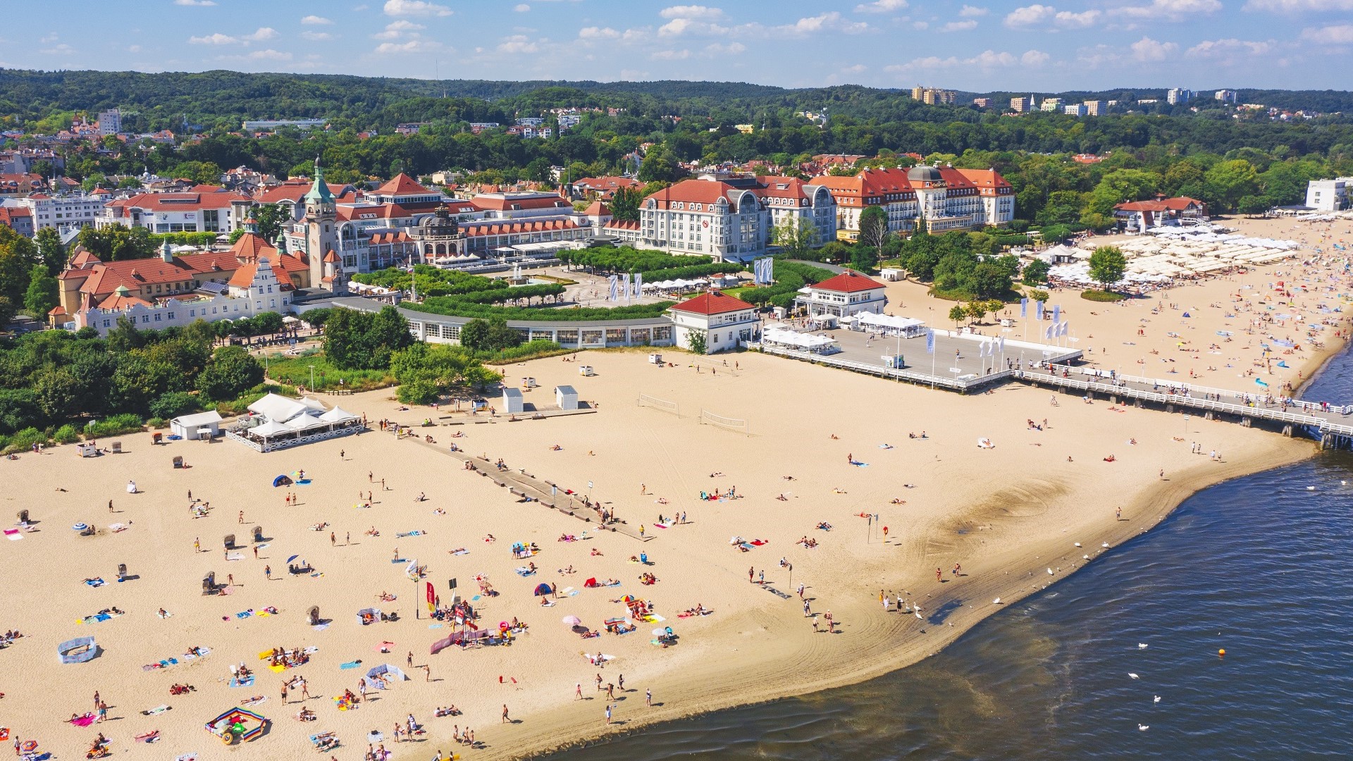 aerial view of the beach and pier at Sopot, Poland