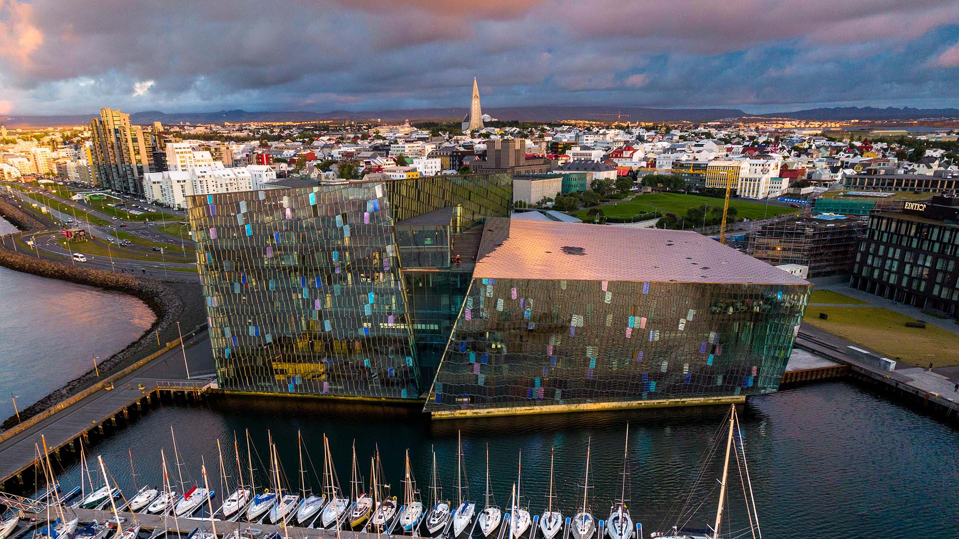 aerial view of the waterfront and area around The Reykjavik EDITION hotel
