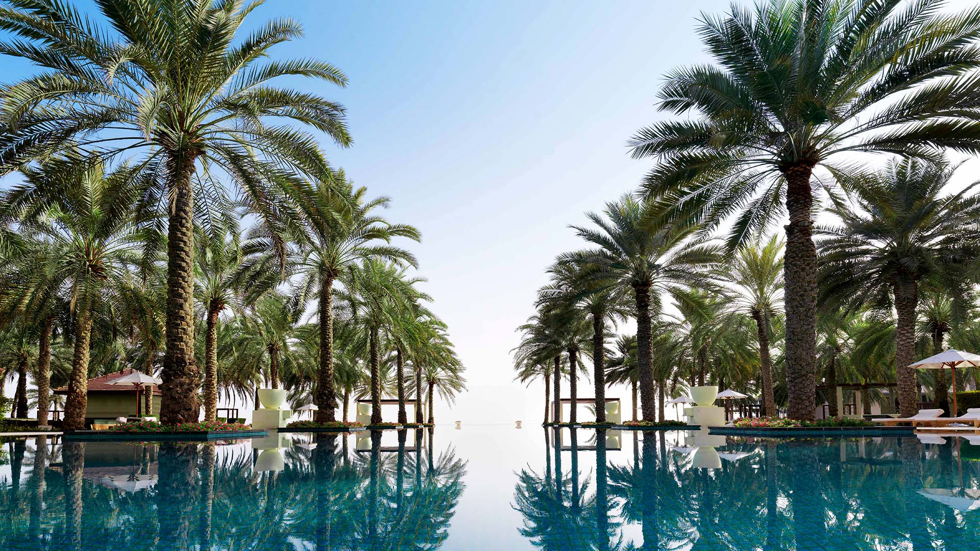 a beautiful blue pool surrounded by palm trees at the Al Bustan Palace, a Ritz-Carlton Hotel