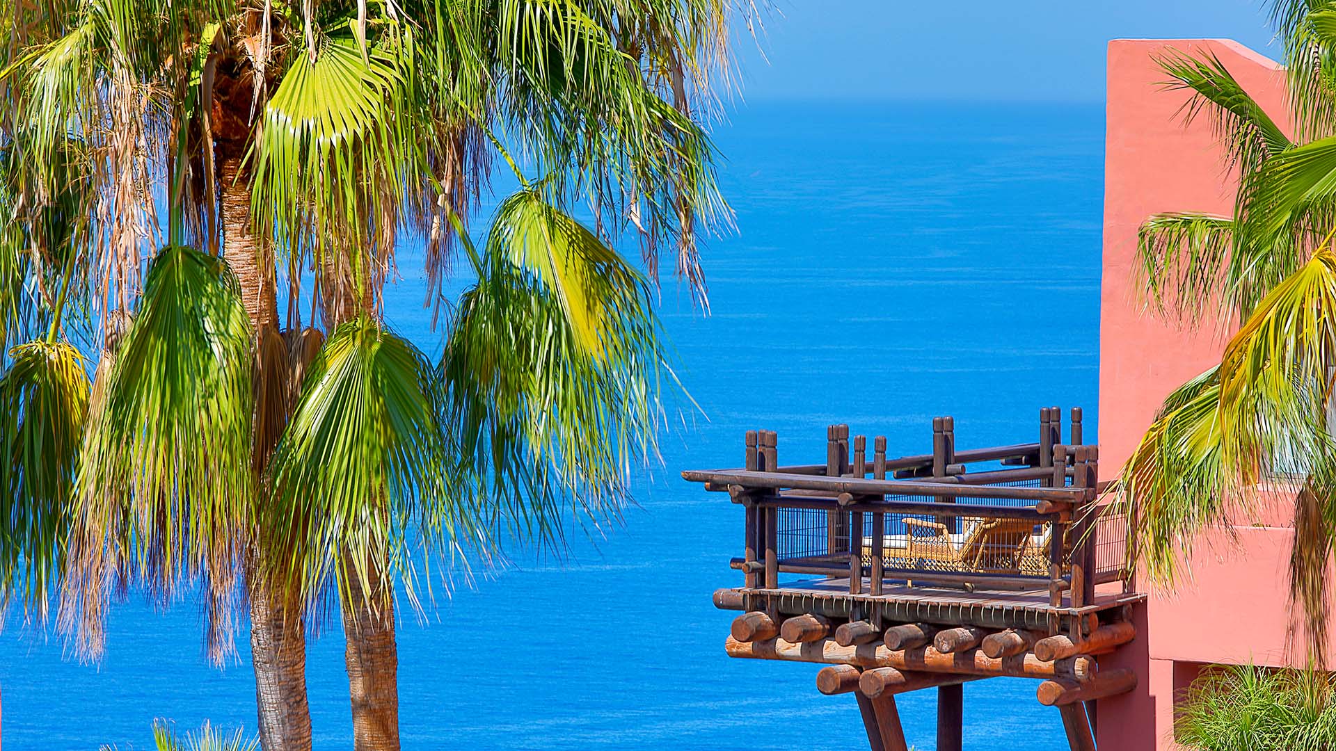 view of a palm tree and balcony at the The Ritz-Carlton Tenerife, Abama, with the blue ocean in the background