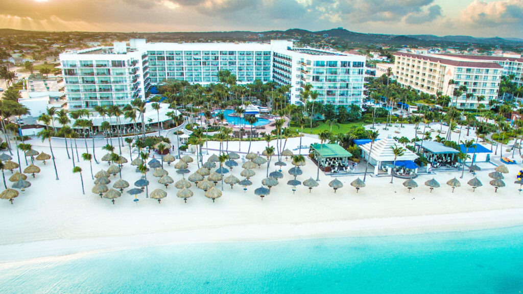 aerial view of the beach and beach-facing side of Aruba Marriott Resort & Stellaris Casino
