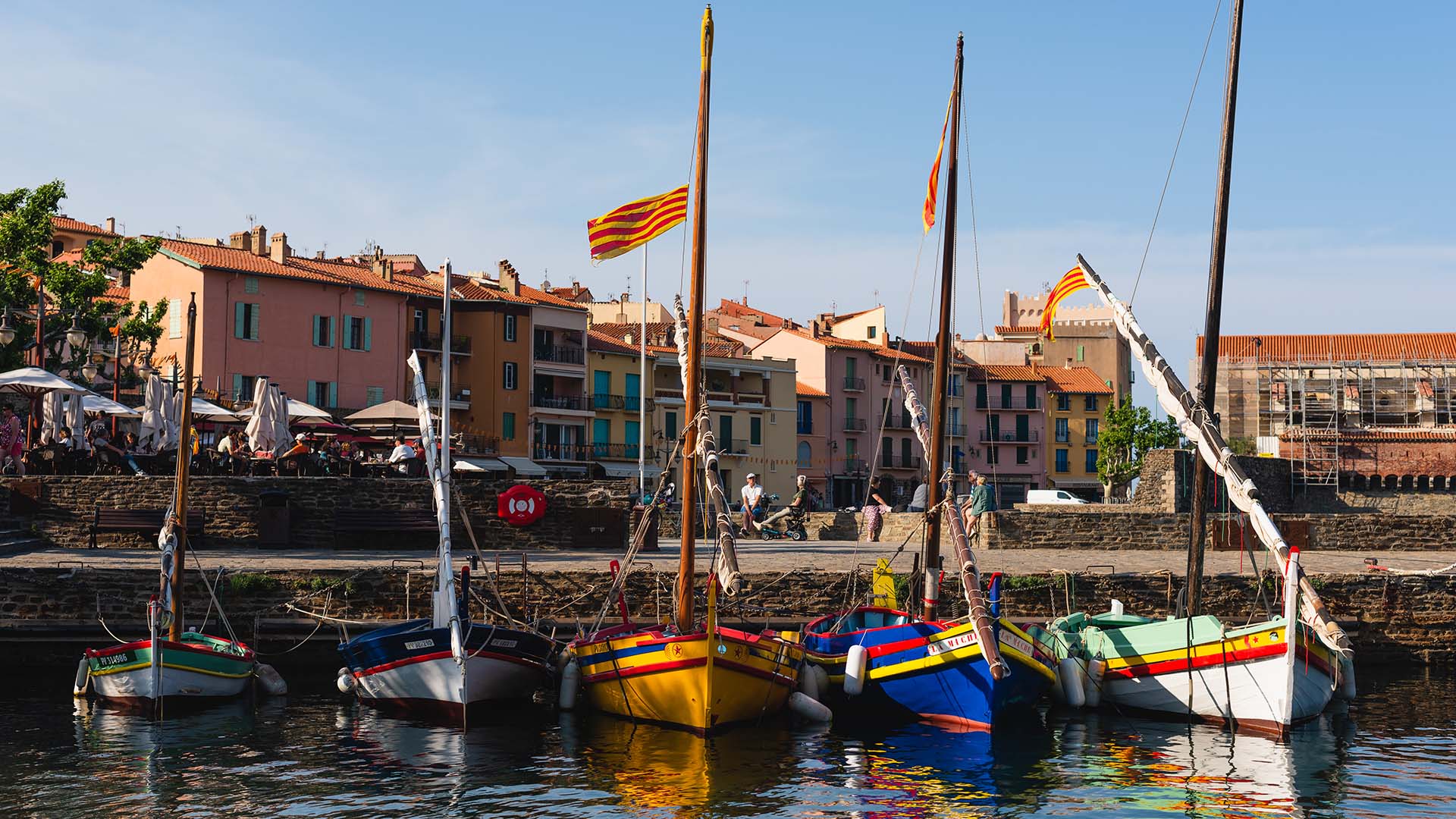 Colorful Catalan fishing boats moored in Collioure, France