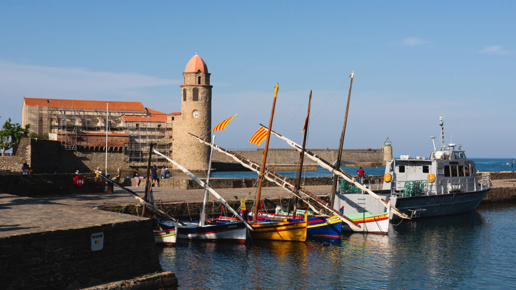Several Catalan boats moored in the port of Collioure, France