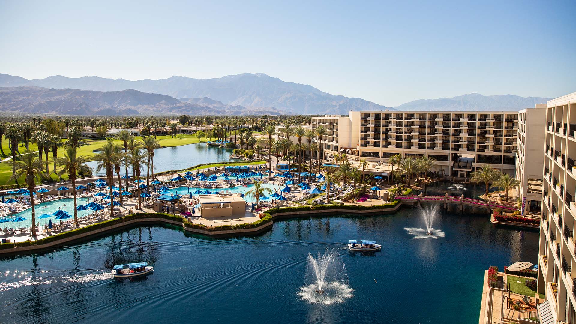 aerial view of swimming pools and other water features at JW Marriott Desert Springs Resort & Spa
