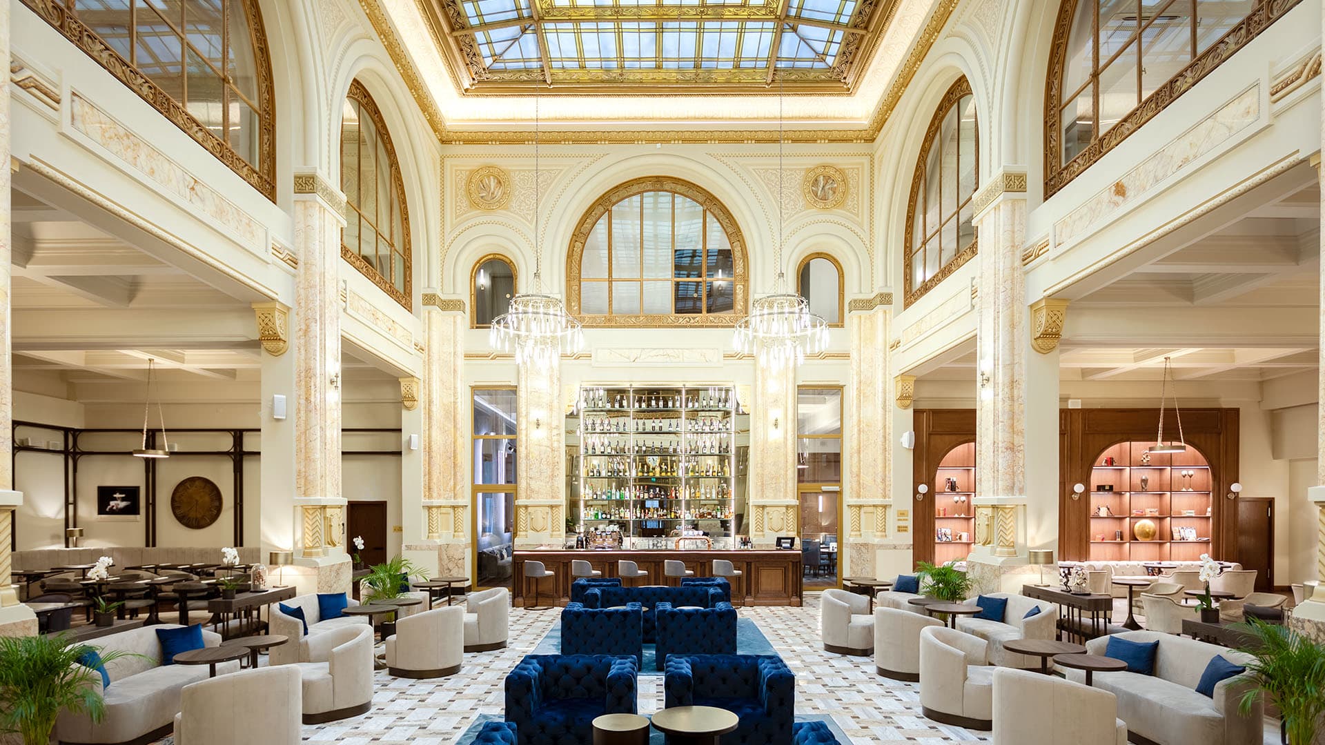 seating areas, cocktail bar, and atrium at The Marmorosch Bucharest, Autograph Collection
