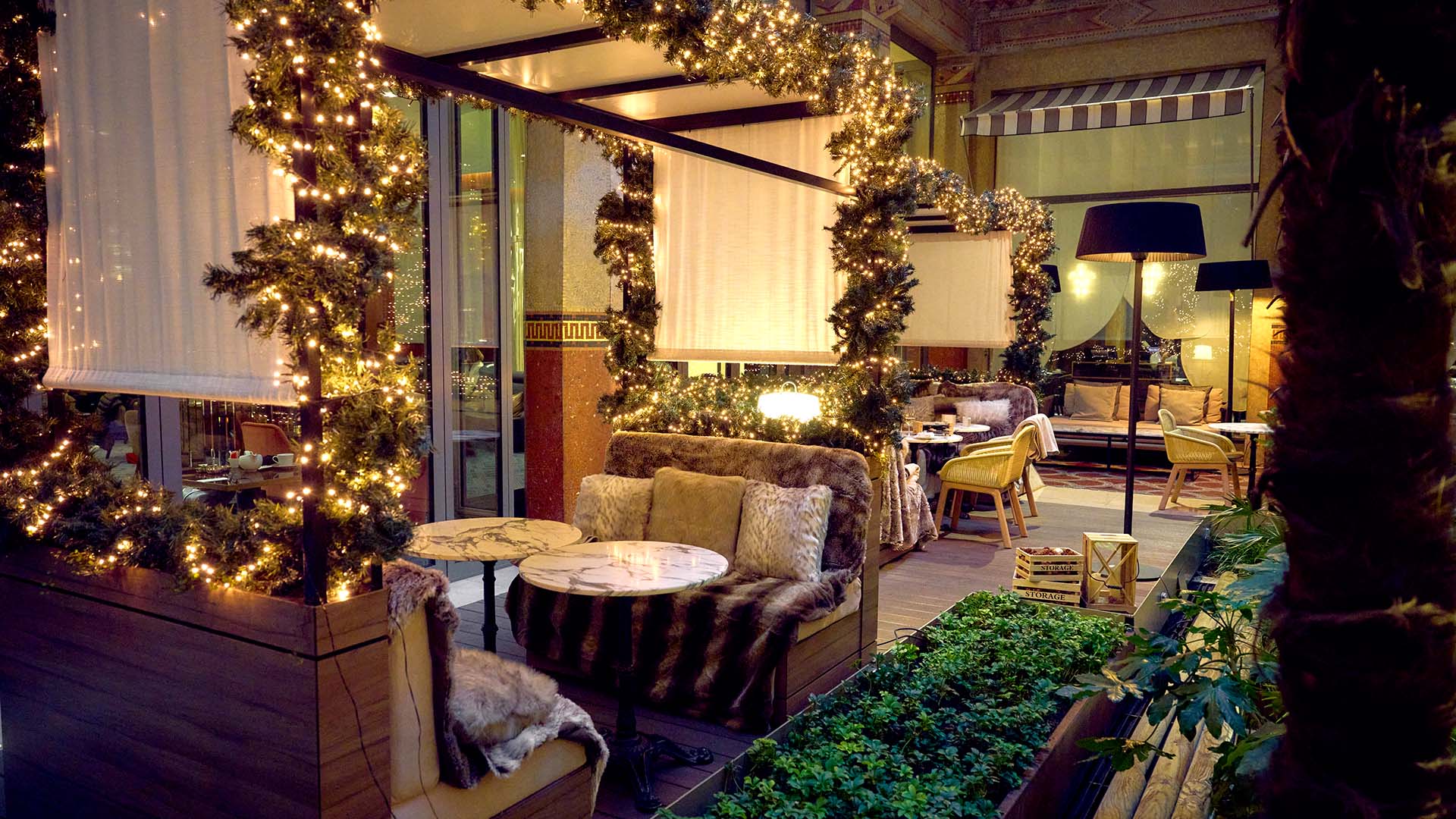 a seasonally decorated patio at Prince de Galles, a Luxury Collection Hotel, Paris during the winter