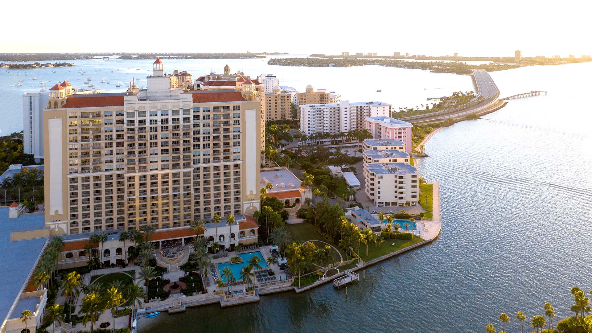 aerial view of The Ritz-Carlton, Sarasota and the surrounding water