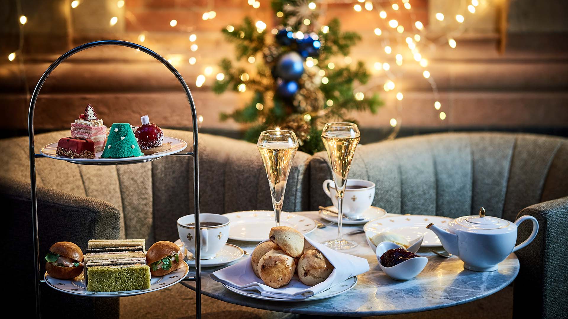 afternoon tea with pastries and Champagne at St. Pancras Renaissance Hotel London