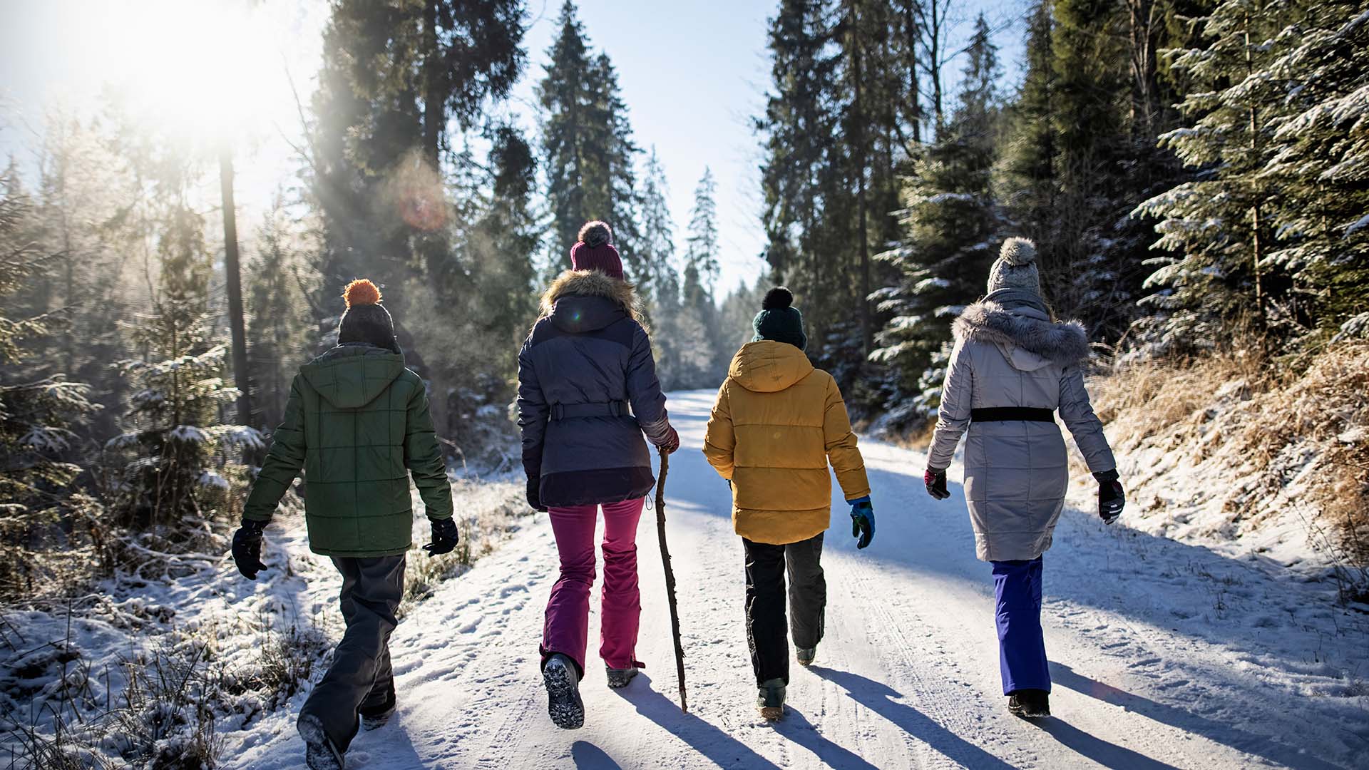 Four people, some adults, some children, walk on a snowy road in a line