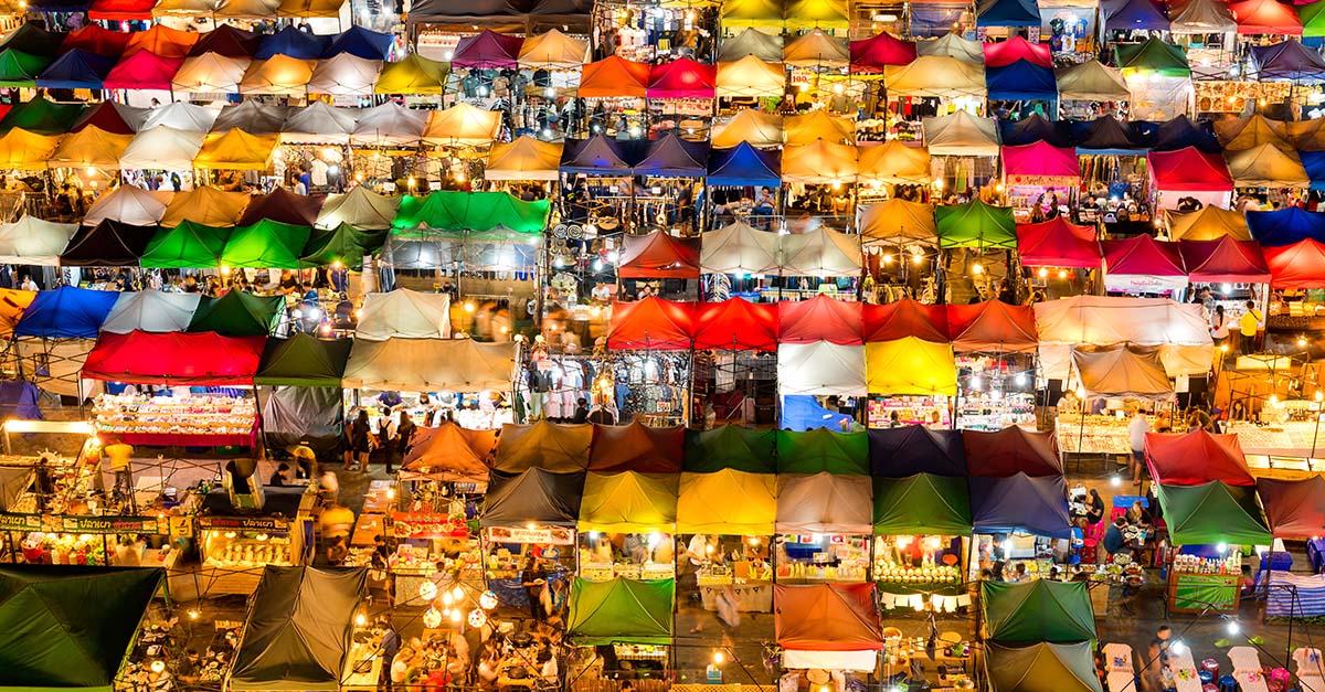 aerial view of colorful stands at a night market in Phu Quoc, Vietnam