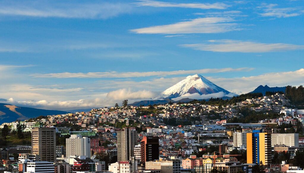 View of Quito, Ecuador, with a snowy mountain in the background