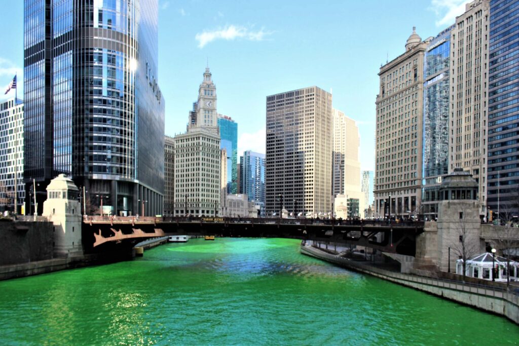 View of the green Chicago River