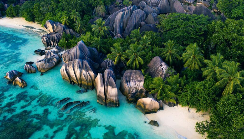 Aerial view of a beach in Seychelles