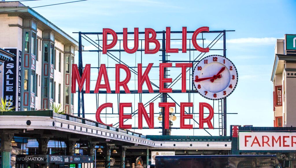 Red Pike Place Market sign in Seattle, Washington