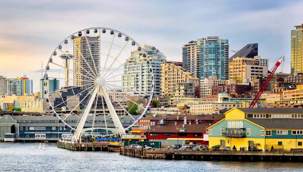 View of Seattle's waterfront, including a ferris wheel