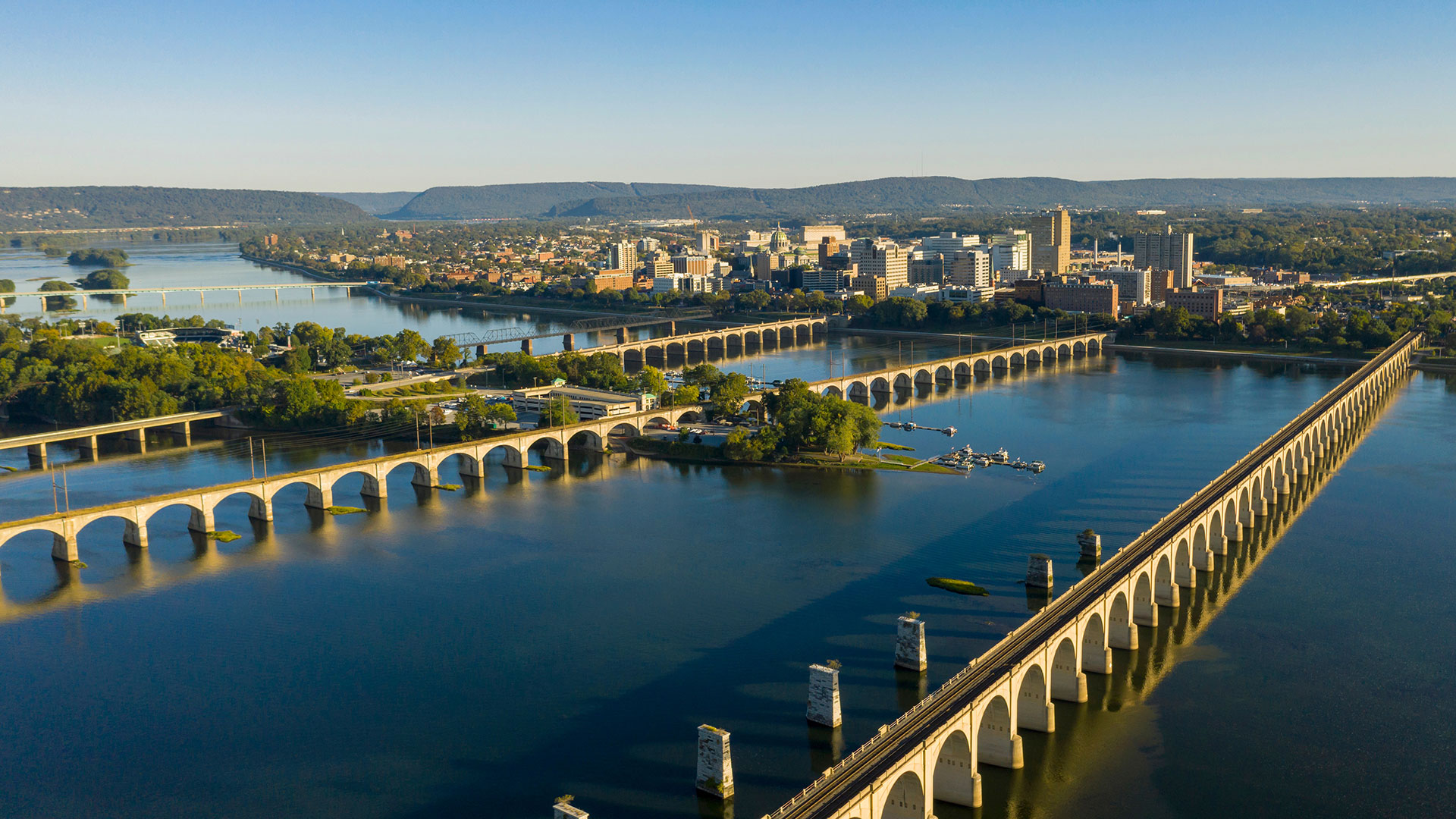 Aerial view of bridges and the Susquehanna River in Harrisburg, Pennsylvania