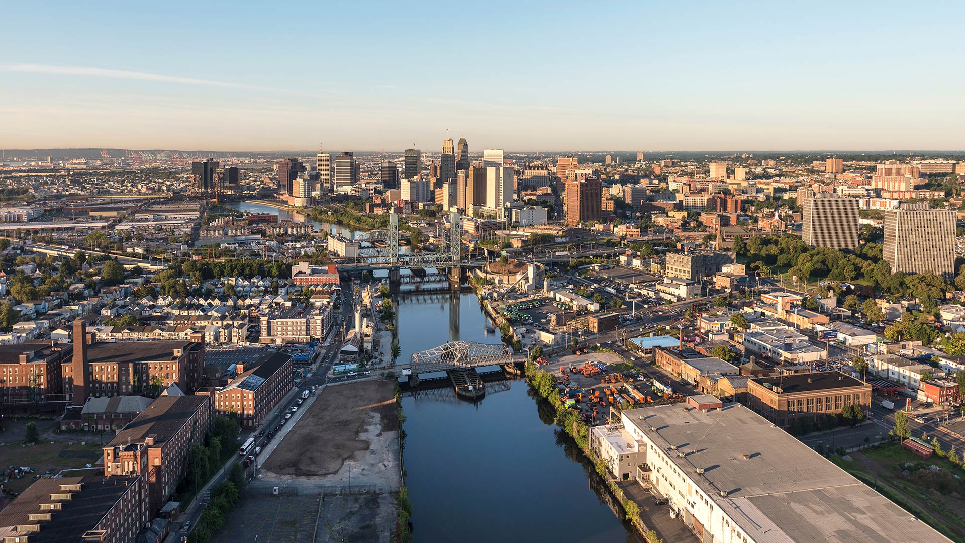 Aerial view of a river and the skyline of Newark, New Jersey