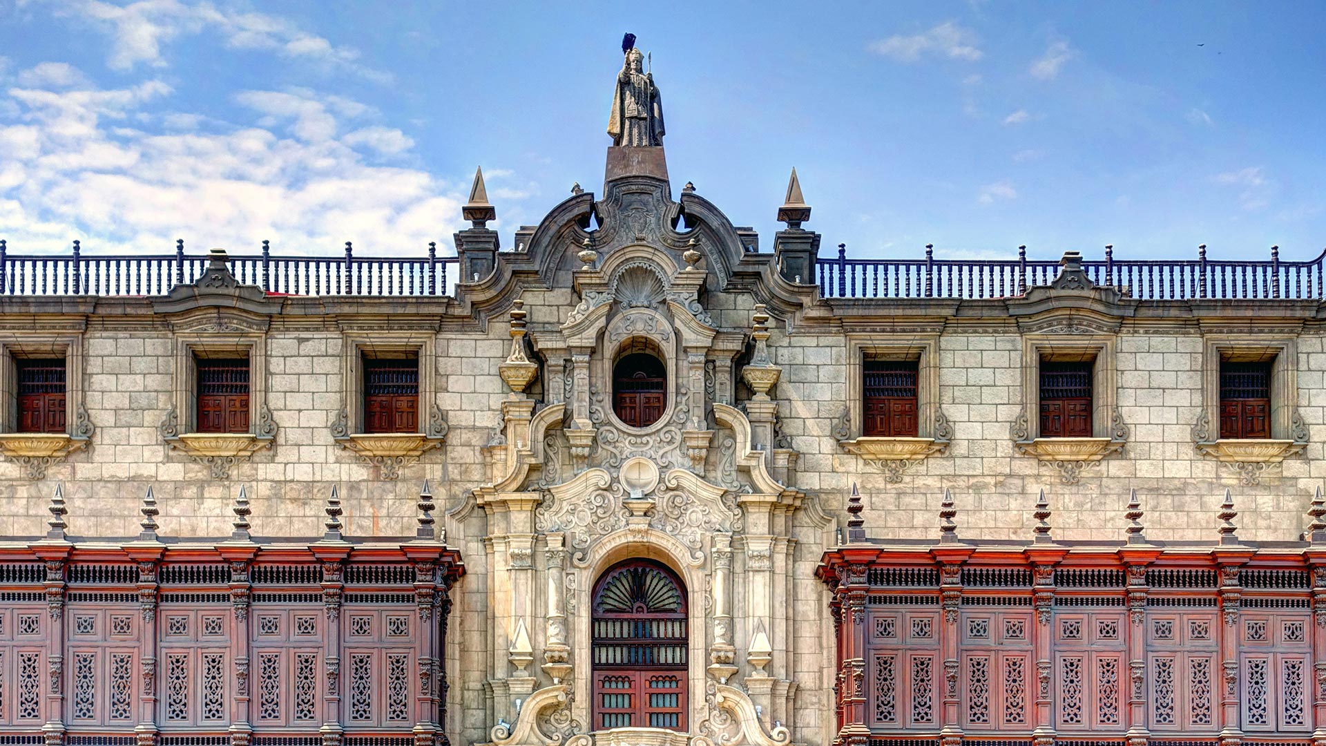 The exterior of an ornate building in Lima, Peru